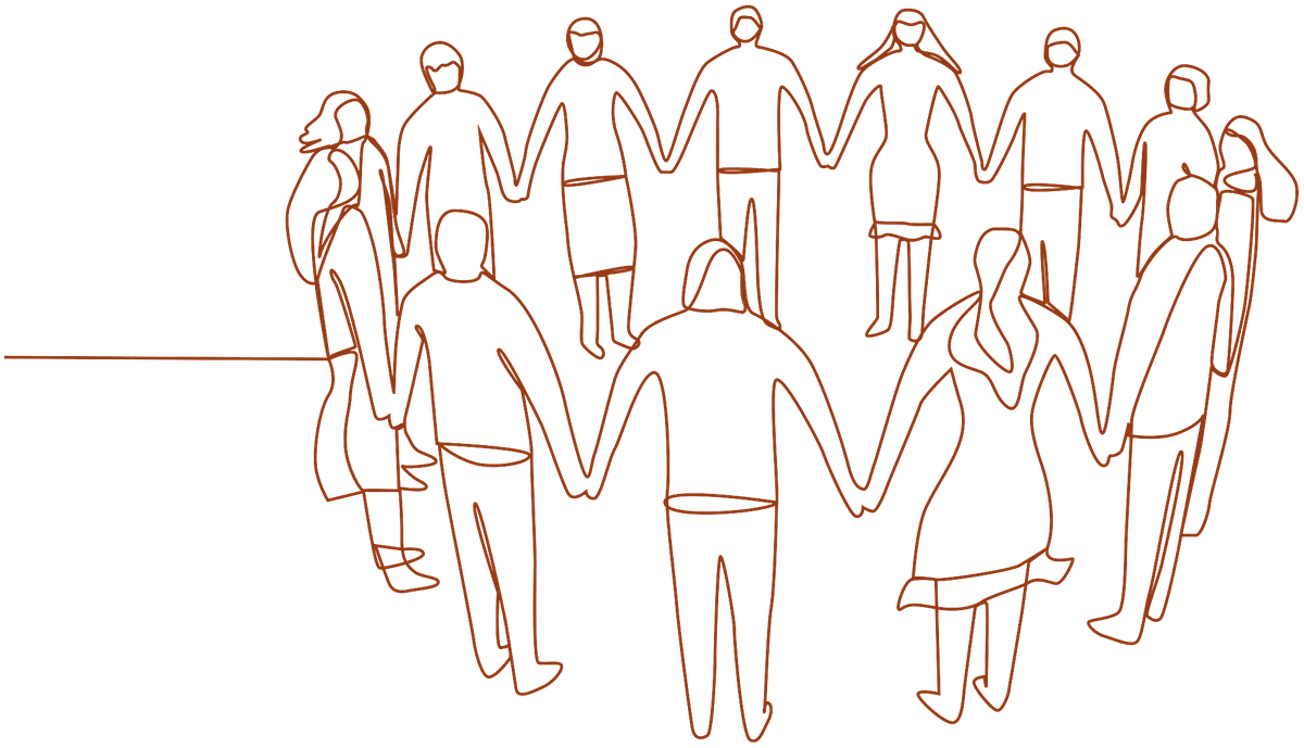 Continuous line drawing of people standing in a circle, holding hands.