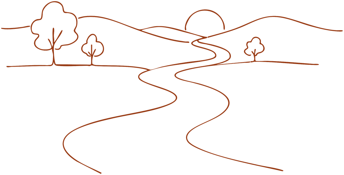 Line drawing of a path winding through gentle hills and trees toward a rising sun.